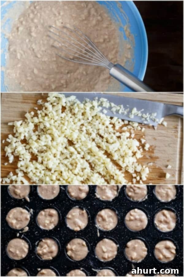Collage showing various steps for preparing and baking maple glazed apple fritter donut holes