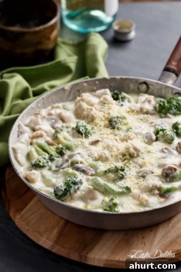 Chicken and Mushrooms in a Creamy White Wine Sauce in a pan