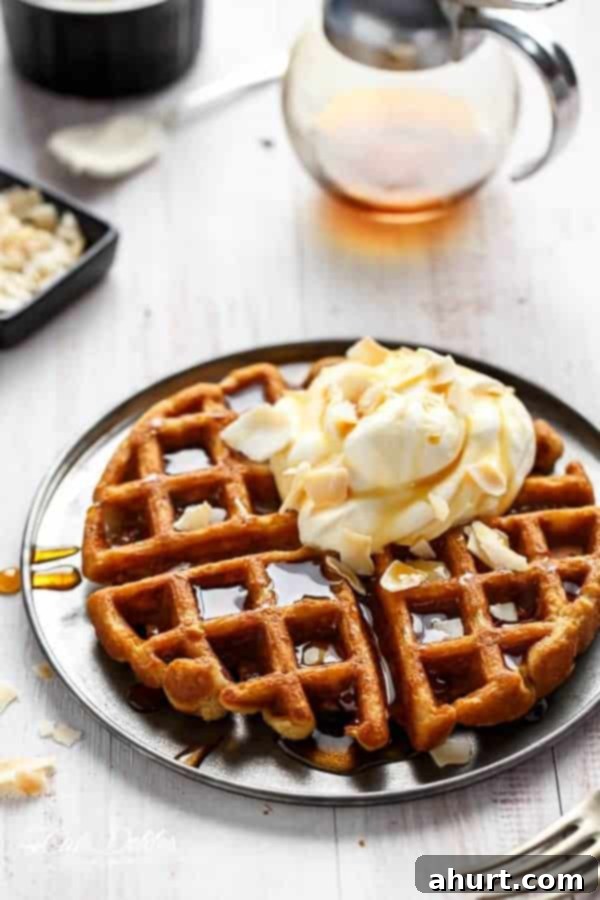 Cloud-Like Coconut Topping 5 Coconut Cream Pie Waffles topped with coconut whipped cream