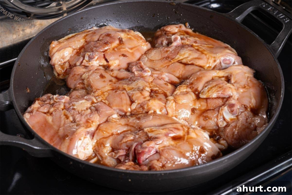 Caramelized Asian Glazed Chicken Thighs 6 chicken in a skillet being heated in oven, getting roasted