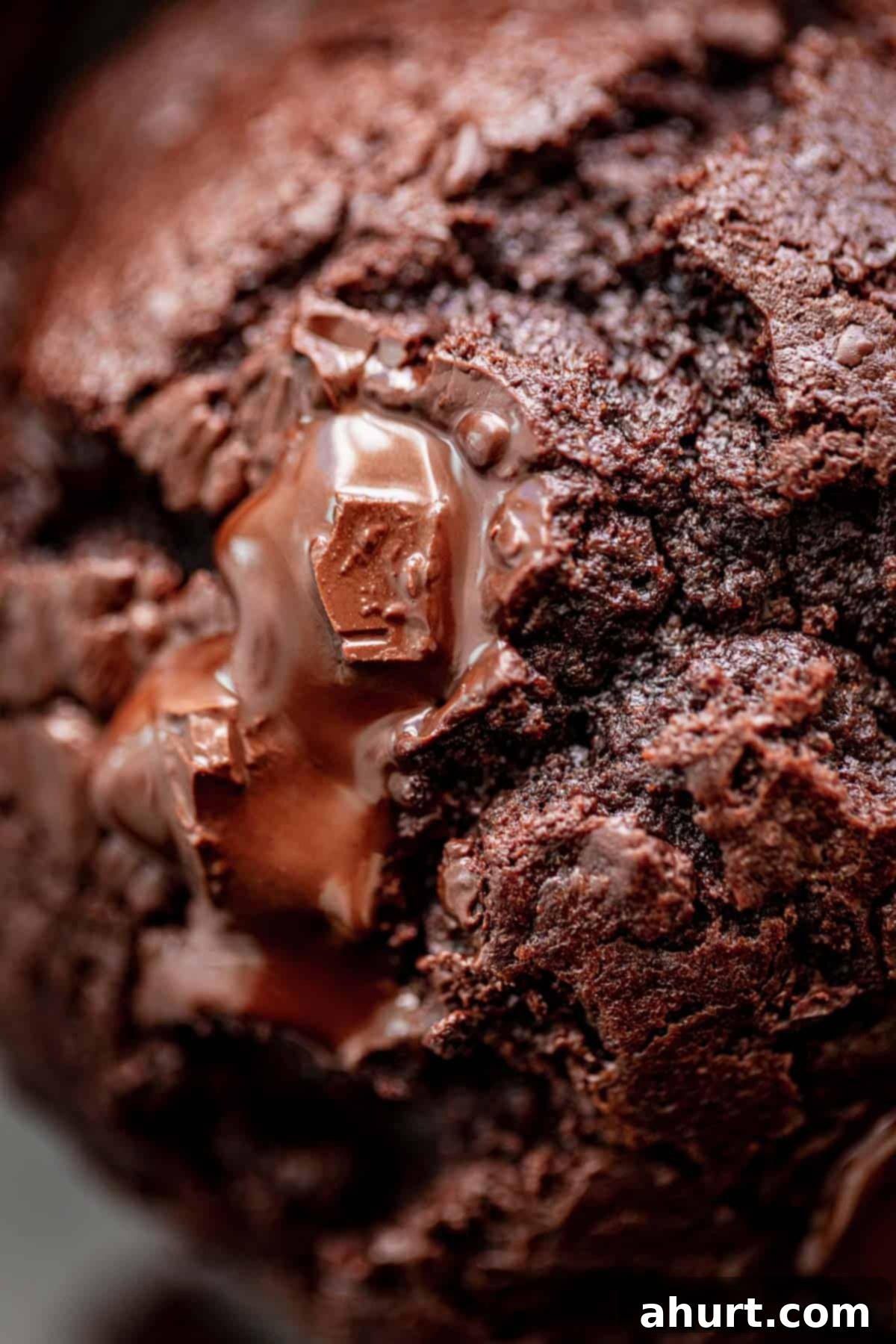 A close up image of moist double chocolate muffins with generous melted chocolate chunks on top, ready to eat.