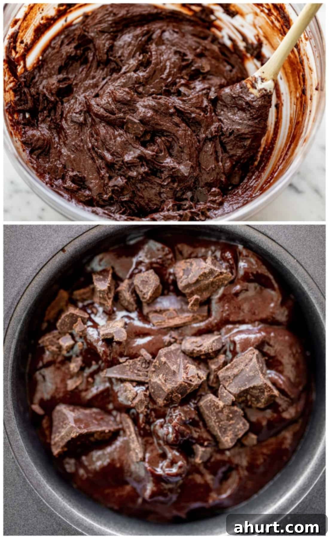 A step-by-step collage showing chocolate muffin batter in a mixing bowl and chocolate chunks being added to muffin tins.