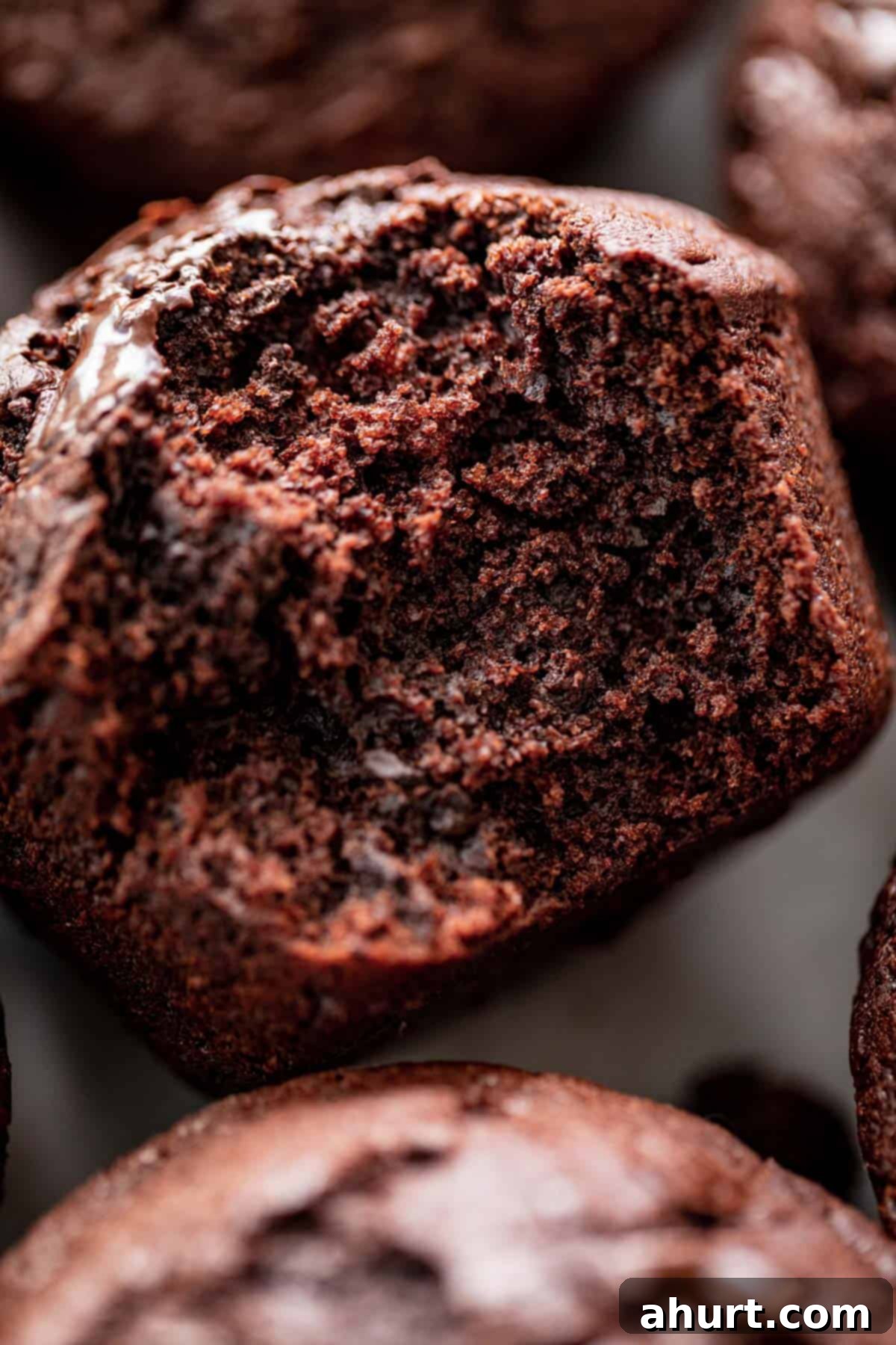 A close-up image of a soft double chocolate muffin with a bite taken out, revealing its moist interior and melted chocolate chunks.