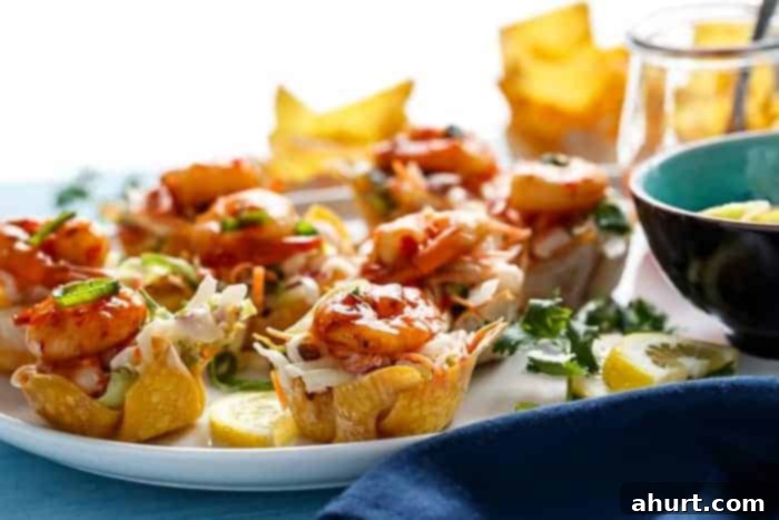 side view image of Garlic Prawn (Shrimp) Salad Wonton Cups with Sweet Chilli Sauce 