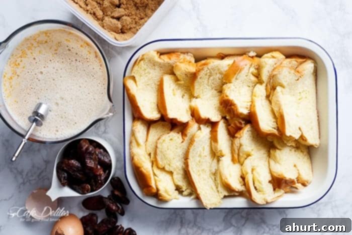 All the raw ingredients of Sticky Date French Toast Bake 