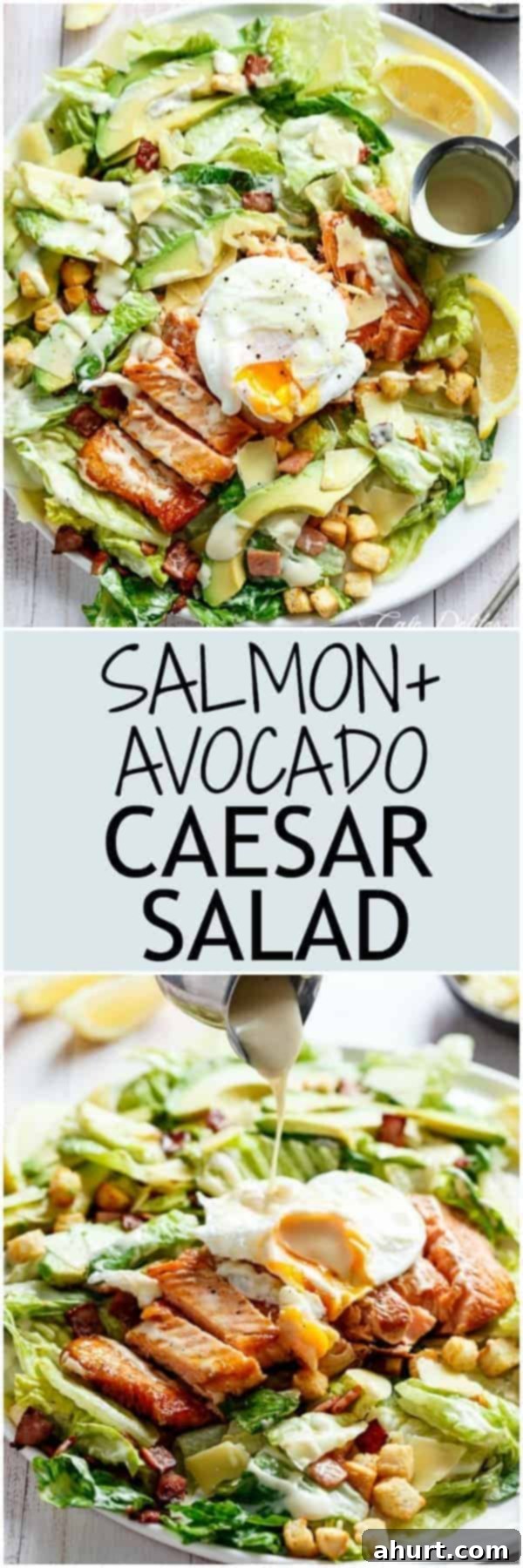 Elevated Salmon Avocado Caesar 9 PIN image of Crispy pan-fried Salmon with creamy avocado slices, crunchy croutons, the tang of shaved parmesan cheese, a perfect runny poached egg on top and a lightened-up Caesar dressing!