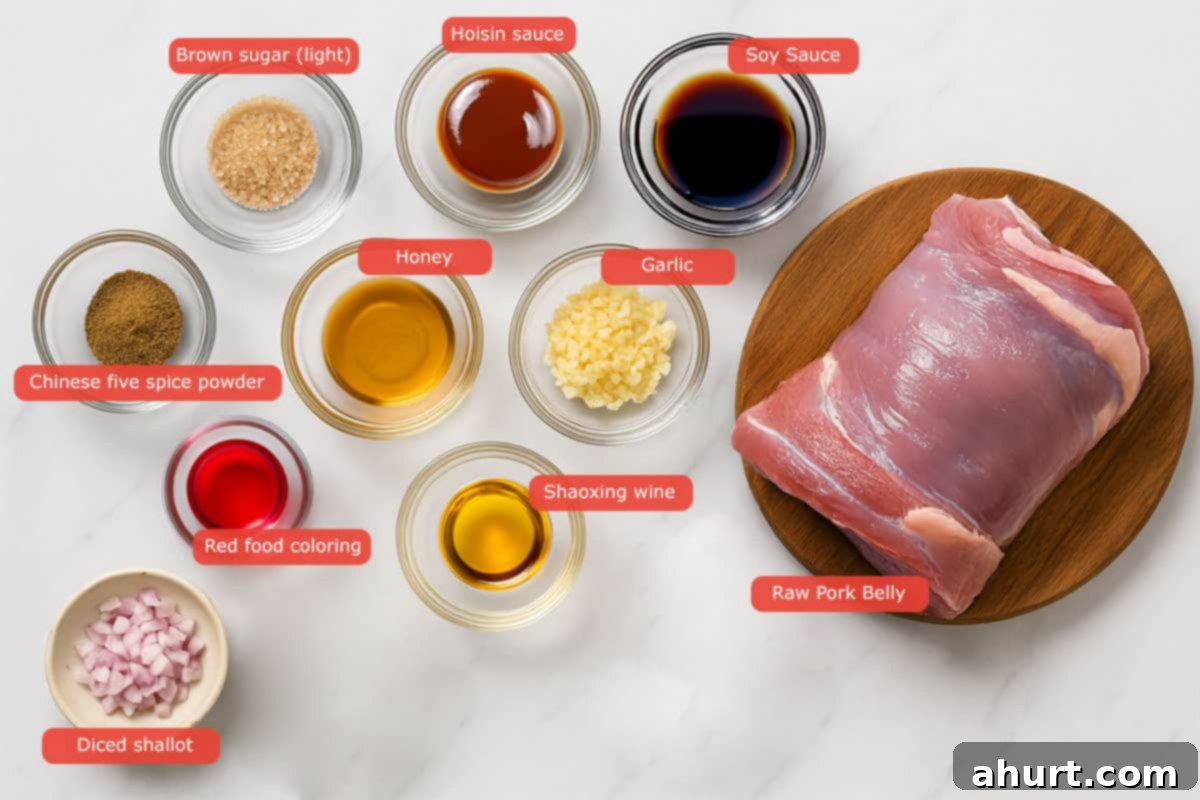 Glazed Char Siu Pork Belly 3 Top-down view of Char Siu ingredients in glass bowls, including hoisin sauce, soy sauce, Shaoxing wine, honey, brown sugar, garlic, red food coloring, five spice powder, and pork belly on a wooden board.