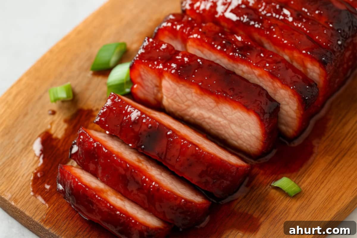 Glazed Char Siu Pork Belly 8 Close-up of sliced Char Siu pork belly with caramelized glaze and juicy, sticky texture, garnished with green onions.
