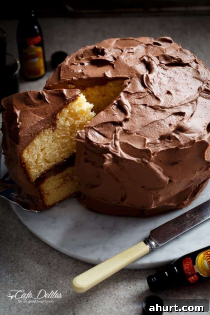 A beautifully presented, fluffy and super moist butter cake with Kahlua chocolate cream frosting ready to be served.