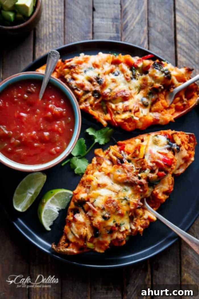 Chicken Fajita Sweet Potatoes with red sauce and lemon wedges on a plate