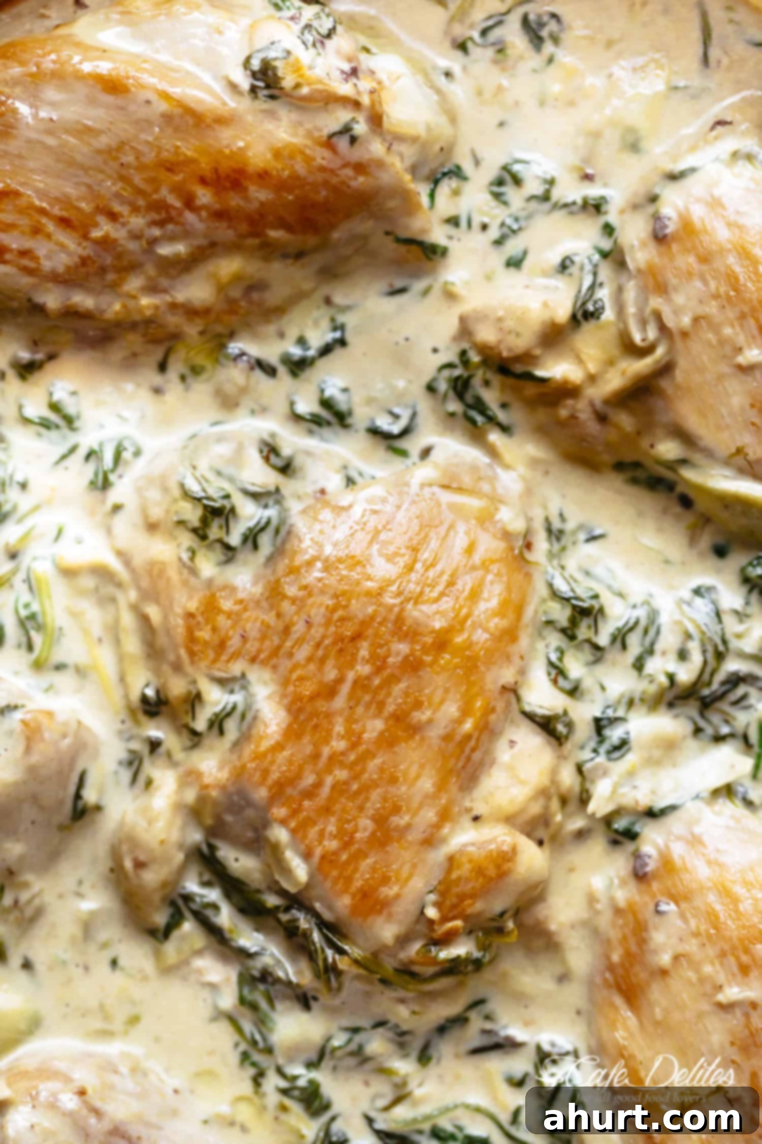 Creamy Spinach Artichoke Chicken Thighs in one skillet! Low fat AND low carb, filled with fresh spinach, artichokes, parmesan cheese and a hint of garlic! 