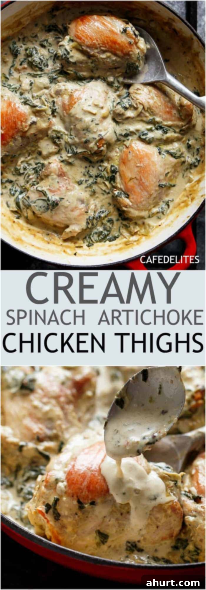 Decadent Creamy Spinach Artichoke Chicken Thighs 7 PIN Image of Creamy Spinach Artichoke Chicken Thighs in one skillet! Low fat AND low carb, filled with fresh spinach, artichokes, parmesan cheese and a hint of garlic!