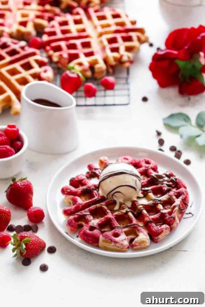 Red Velvet Marbled Waffles with ice cream scoop on a plate 