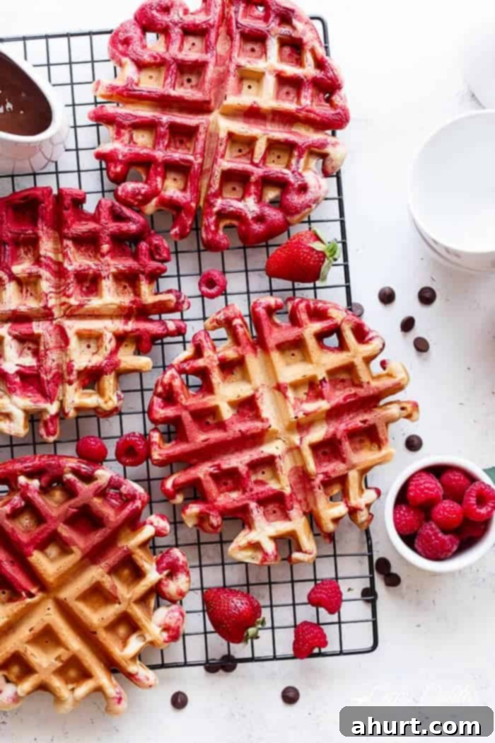 Red Velvet Marbled Waffles resting on cooling rack