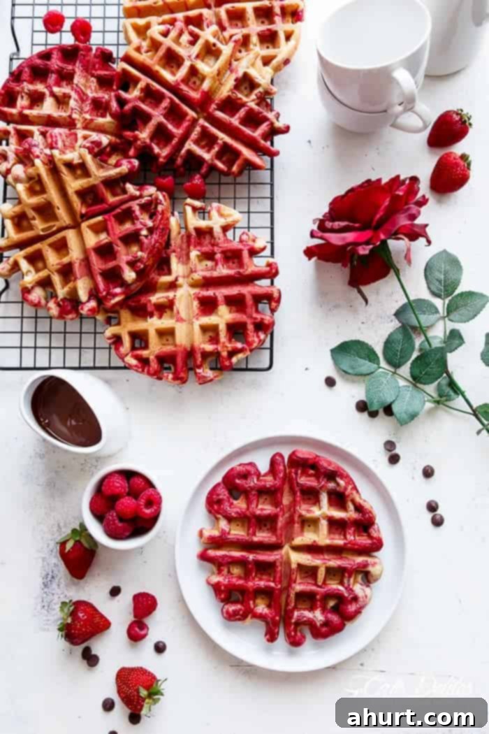 Red Velvet Marbled Waffles resting on cooling rack and 1 piece on plate 