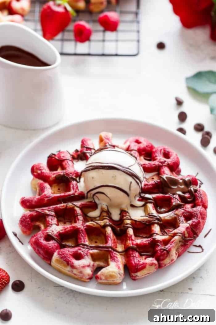 Red Velvet Marbled Waffles with an ice cream scoop