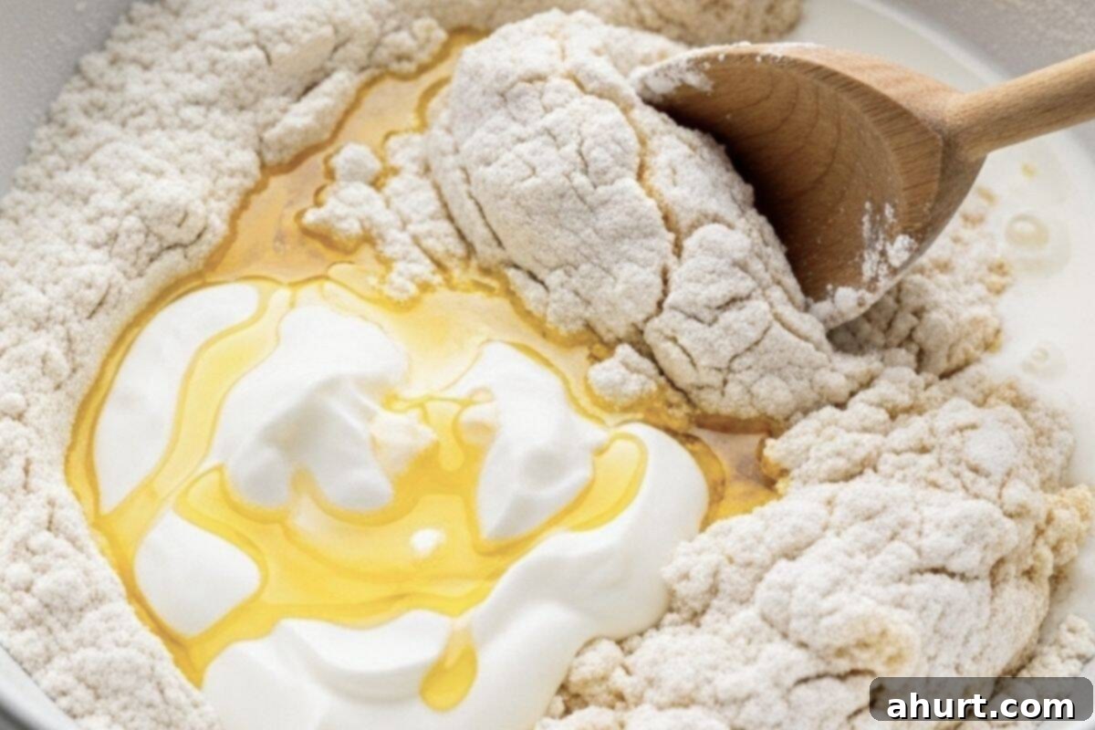 Simple Yeast-Free Flatbread Recipe 5 Add the yogurt, oil and milk into the flour mixture and stir with a wooden spoon