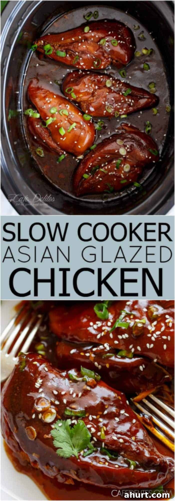 Sticky Sweet Slow Cooker Asian Chicken 6 PIN Image of an enticing Slow Cooker Asian Glazed Chicken dish, filling your house with sweet, savory aromas, perfectly slow cooked in an incredible honey-garlic glaze!