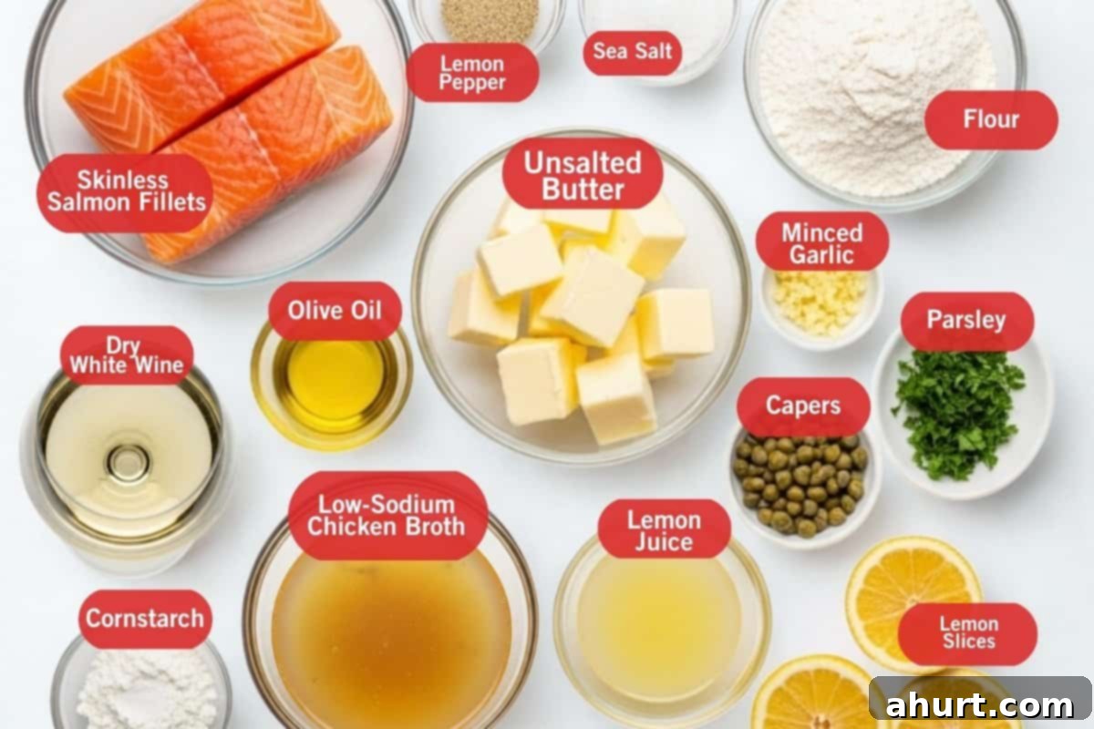 Quick Lemon Caper Salmon 3 flat lay of skinless salmon fillets, lemon pepper, sea salt, flour, unsalted butter, minced garlic, parsley, dry white wine, olive oil, cornstarch, low-sodium chicken broth, lemon juice, parsley, capers, lemon slices for the salmon piccata