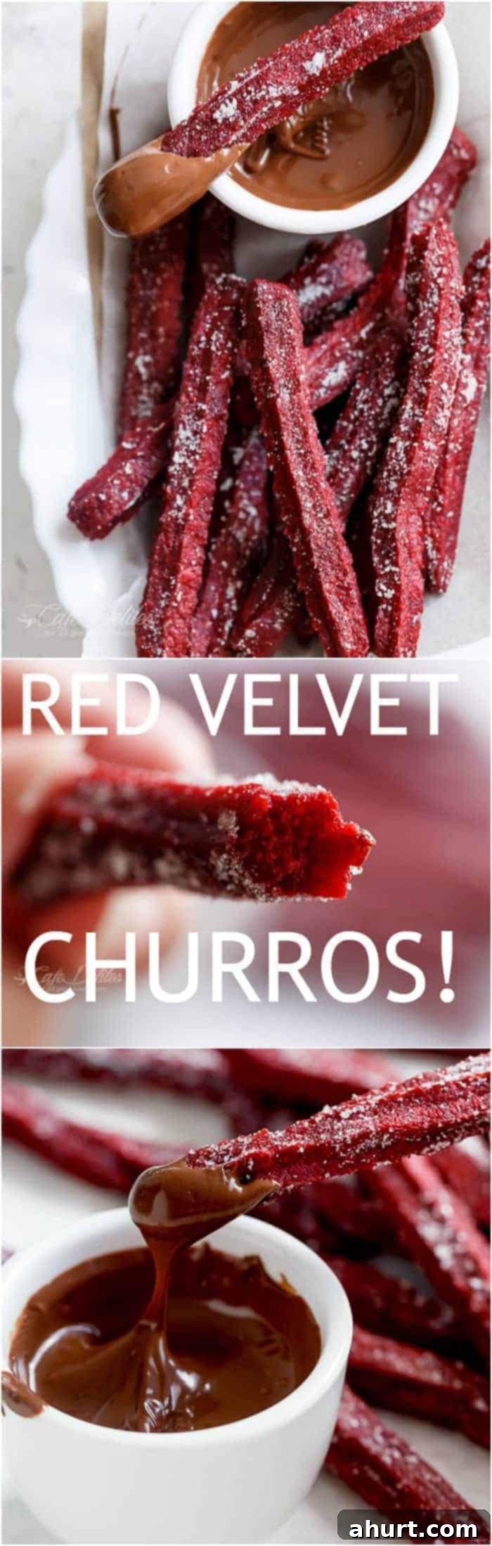 Decadent Baked Red Velvet Churros Full Video Tutorial 10 PIN image of The Best Red Velvet Churros with dip