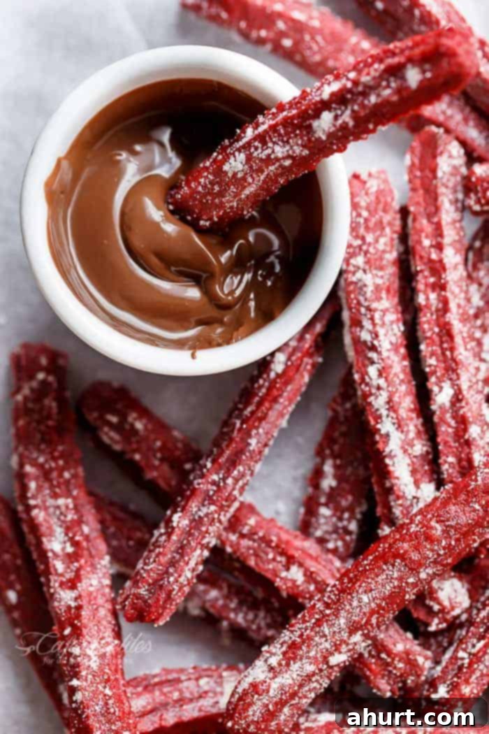 Top view image of The Best Red Velvet Churros with dip