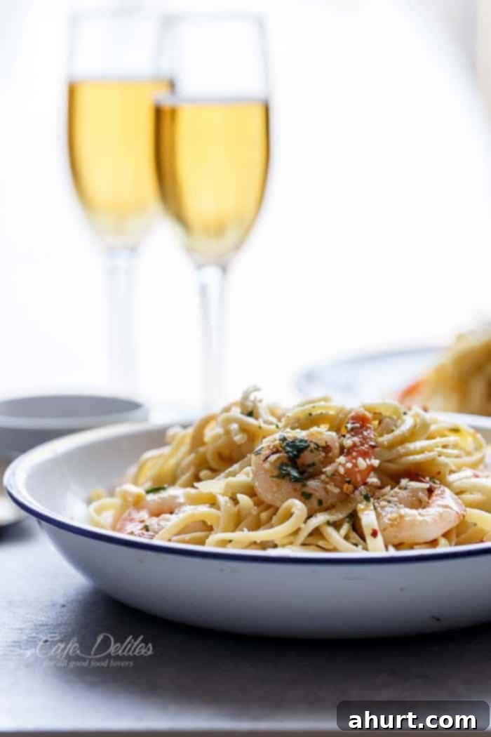 Nutty Browned Butter Shrimp Scampi 11 Side view of Browned Butter Shrimp Scampi pasta on a plate