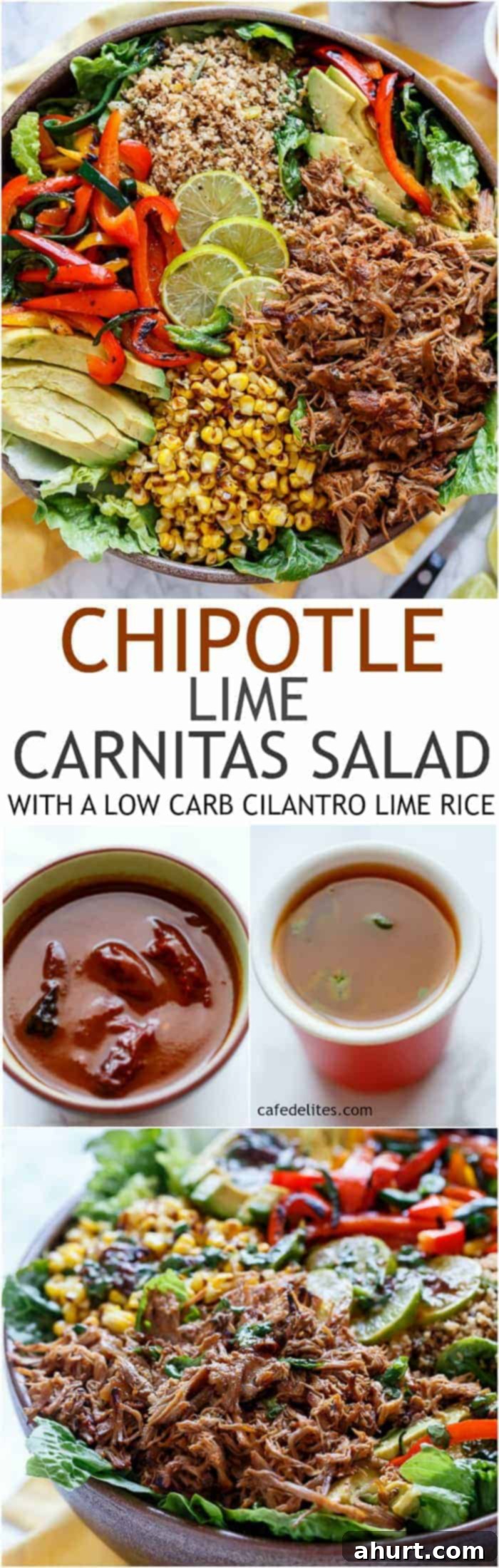 Zesty Chipotle Carnitas Salad 12 PIN image of a refreshing and hearty Chipotle Lime Carnitas Salad, featuring crispy carnitas, fresh vegetables, and a zesty dressing.