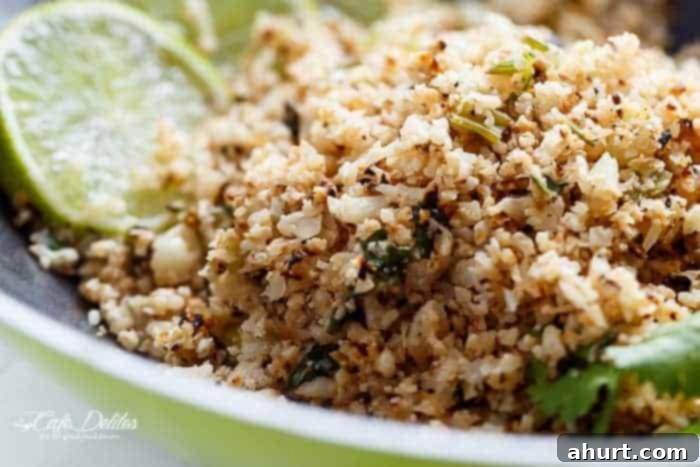 Fluffy Cilantro Lime Cauliflower Rice, a low-carb base for the Chipotle Lime Carnitas Salad.