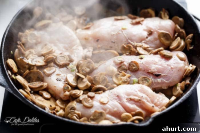 Raw chicken and mushroom getting fried in a pan 