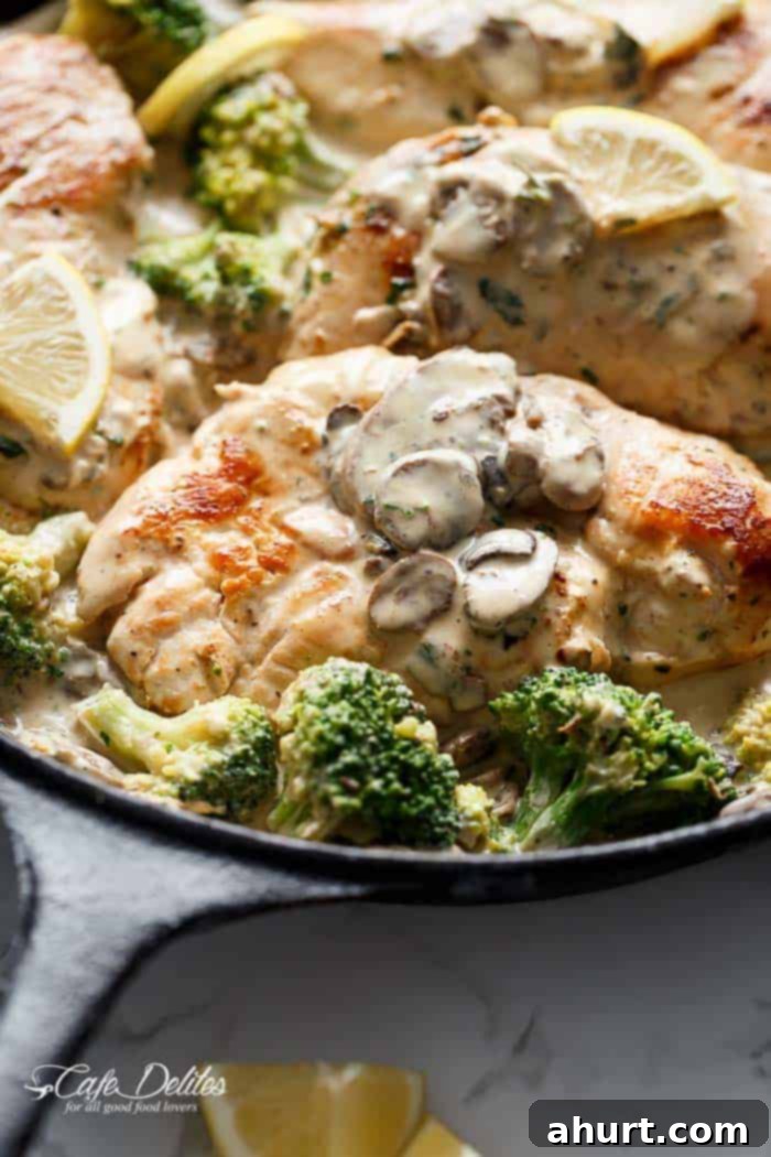 Image focusing on chicken pieces from Julia Child\'s Creamy Chicken + Mushroom in a pan