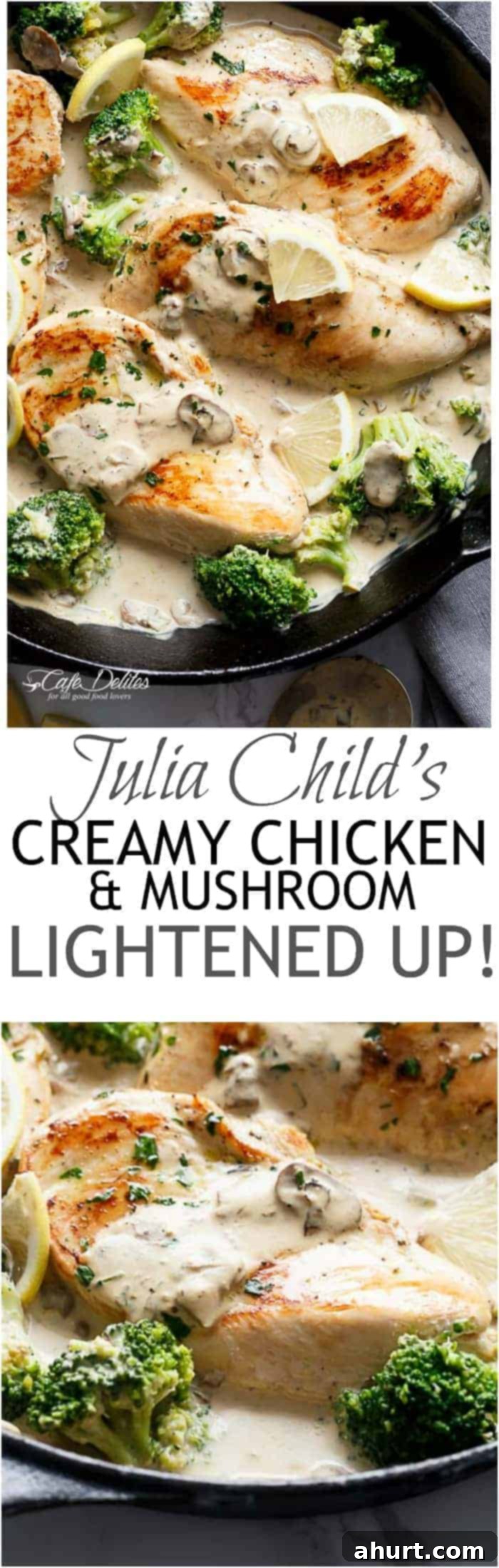 Julia Child's Lighter Creamy Chicken and Mushroom 9 PIN image of Julia Child\'s Creamy Chicken + Mushroom in a pan