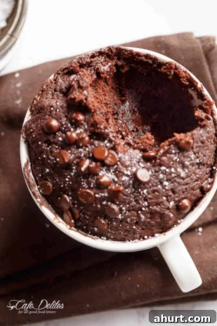 Guilt-Free Chocolate Mug Cake 8 A bite taken from a perfect, moist Low Fat Chocolate Mug Cake, showing its fluffy interior and melted chocolate chips.