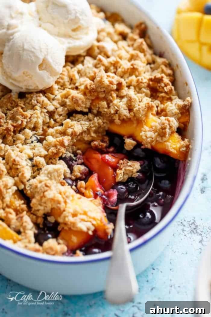Easy Mango Blueberry Crumble in a bowl