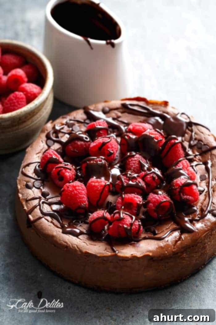 Top view of a beautifully baked Crustless Chocolate Raspberry Cheesecake