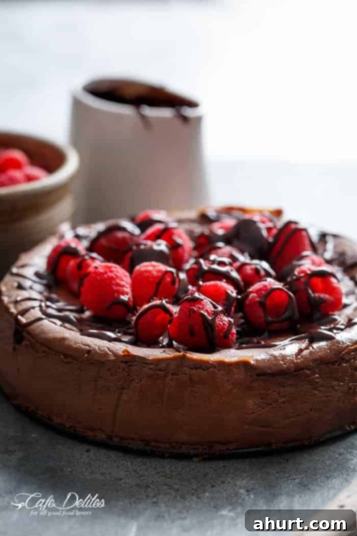 Side view of a tall, creamy Crustless Chocolate Raspberry Cheesecake with melted chocolate drizzle