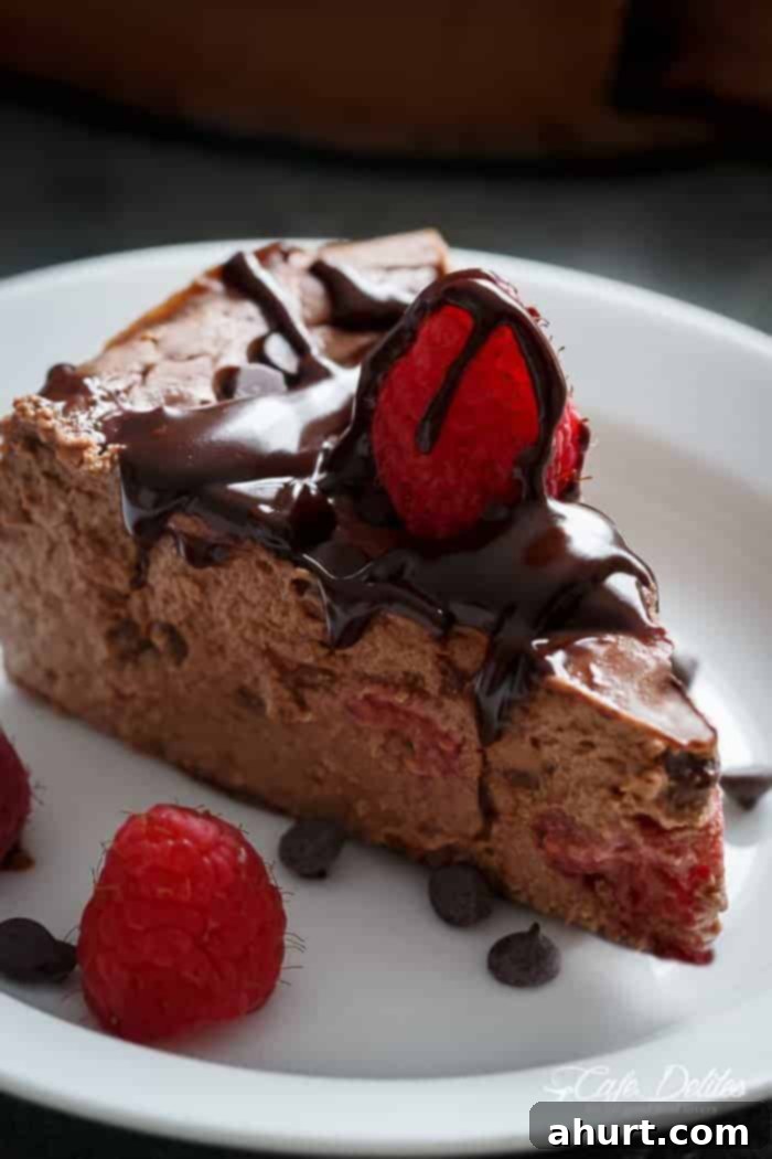 A perfect slice of Crustless Chocolate Raspberry Cheesecake on a white plate