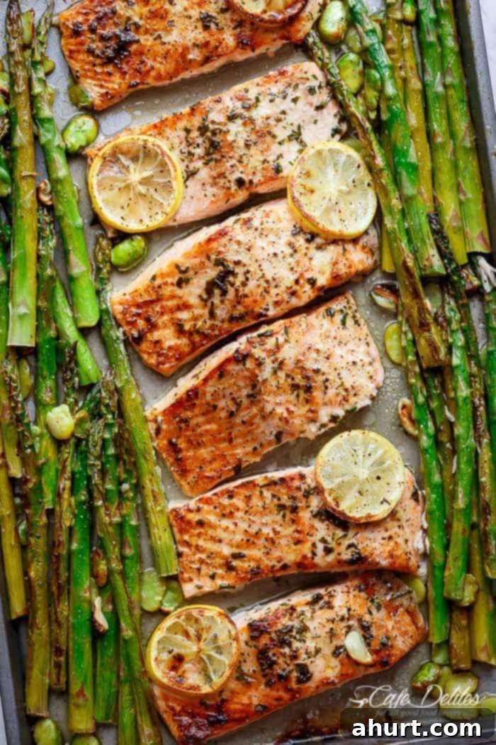 Sheet Pan Roasted Lemon Garlic Salmon and Asparagus 2 Lemon, garlic and parsley are infused in One Pan Baked Lemon Garlic Salmon with Asparagus