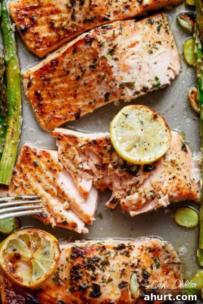 Sheet Pan Roasted Lemon Garlic Salmon and Asparagus 3 A pieces of drilled salmon