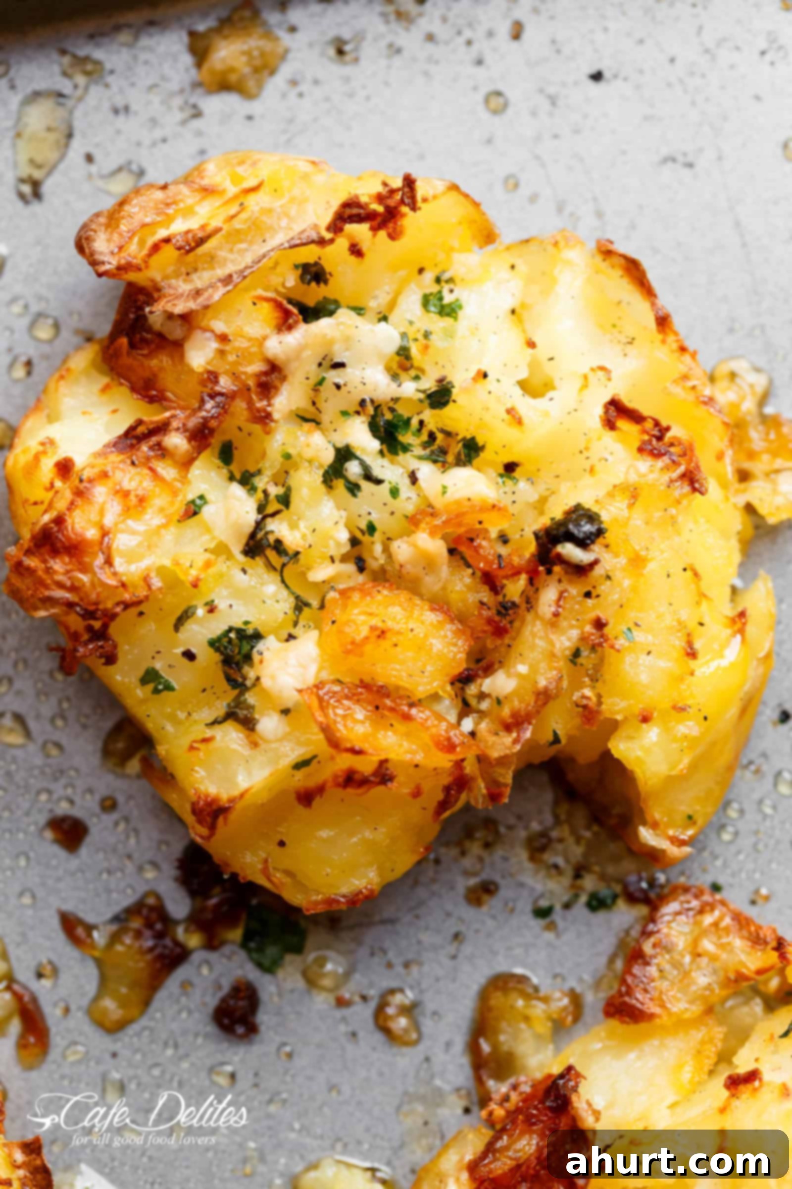 Ultimate Crispy Garlic Butter Parmesan Smashed Potatoes 3 Close-up of crispy garlic butter parmesan smashed potatoes, highlighting the golden, crunchy edges and melted cheese.