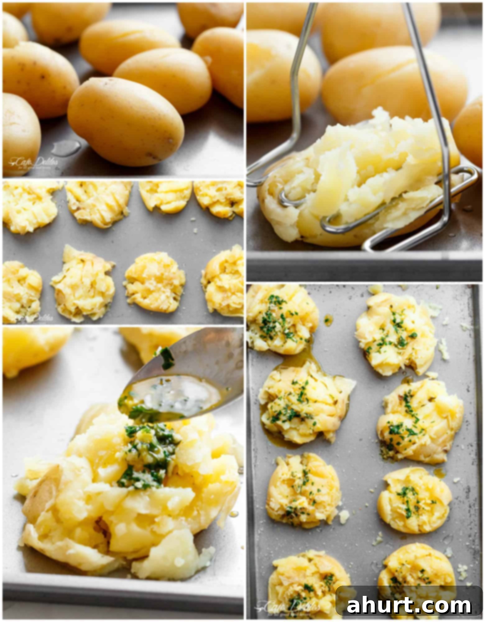 Ultimate Crispy Garlic Butter Parmesan Smashed Potatoes 4 A step-by-step visual guide showing how to prepare smashed potatoes: boiling, smashing, drizzling with butter, and baking.