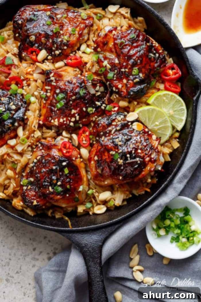 Thai Chicken Thigh Noodle Skillet 2 Thai inspired chicken recipe served with Thai Rice noodles, cooked in one skillet! A close-up of the finished dish with chicken thighs, noodles, and garnishes.