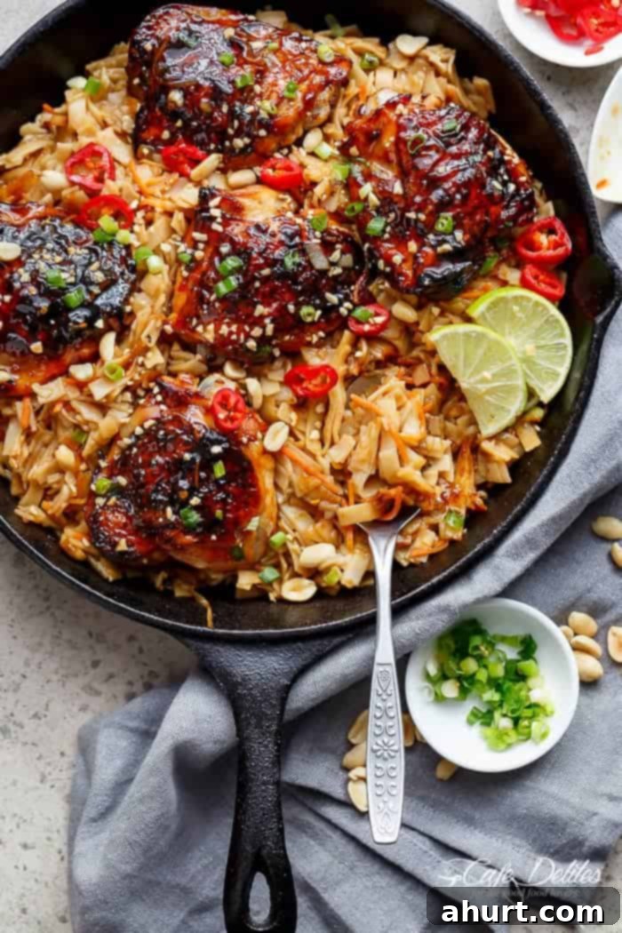 Thai Chicken Thigh Noodle Skillet 5 Thai inspired chicken recipe served with Thai Rice noodles, cooked in one skillet! A skillet filled with baked chicken thighs, ready for noodles.