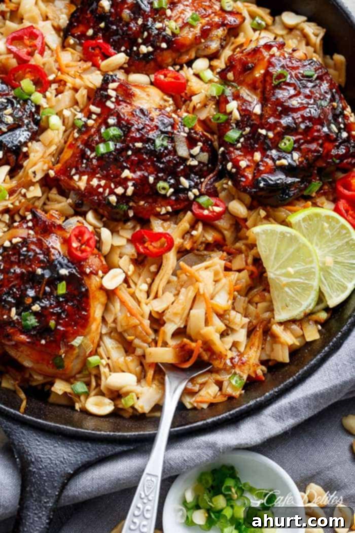 Thai Chicken Thigh Noodle Skillet 6 Thai inspired chicken recipe served with Thai Rice noodles, cooked in one skillet! The finished dish in the skillet, garnished and ready to serve.