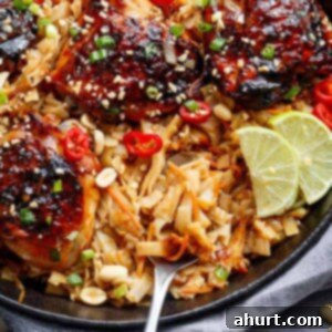 Thai Chicken Thigh Noodle Skillet 7 One Pot Thai Chicken Thighs + Noodles in a bowl, ready to serve.
