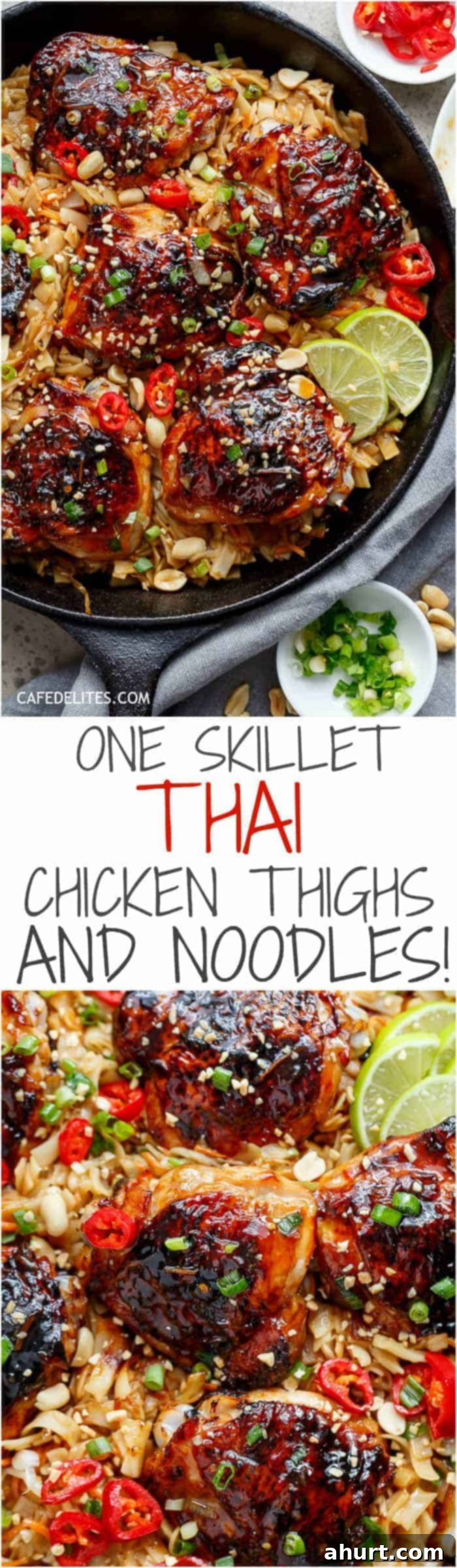 Thai Chicken Thigh Noodle Skillet 8 PIN image of One Skillet Thai Chicken Thighs + Noodles, a collage showing the ingredients and finished dish.
