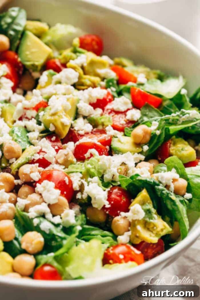Vibrant Balsamic Chickpea Avocado Feta Salad 2 A beautifully presented Balsamic Chickpea Salad in a large serving bowl, showcasing fresh ingredients.