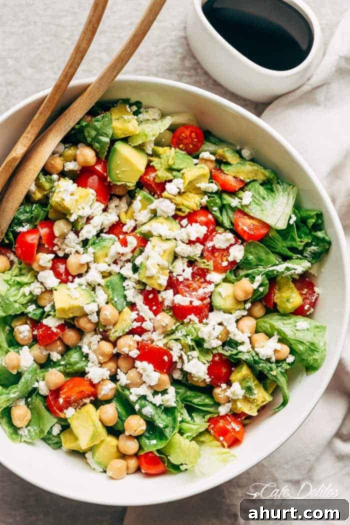 Vibrant Balsamic Chickpea Avocado Feta Salad 3 A simple Balsamic Chickpea Avocado Feta Salad, showcasing its summery vibrant colors and fresh ingredients like chickpeas, avocado, and feta.