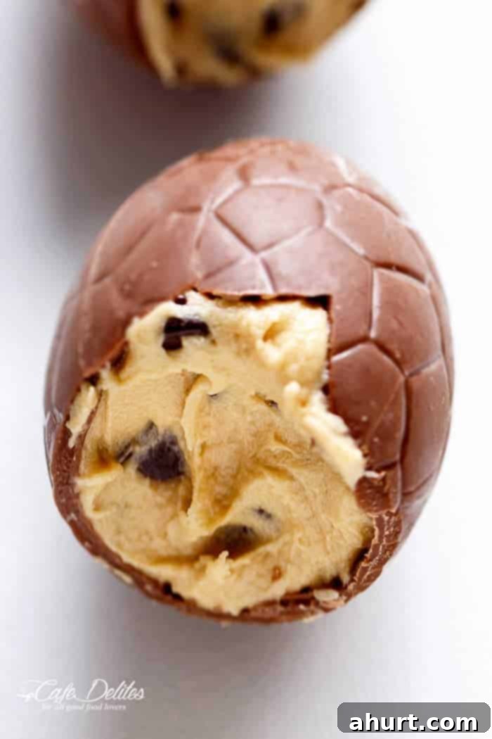 Side view of Chocolate Chip Cookie Dough Filled Easter Eggs 