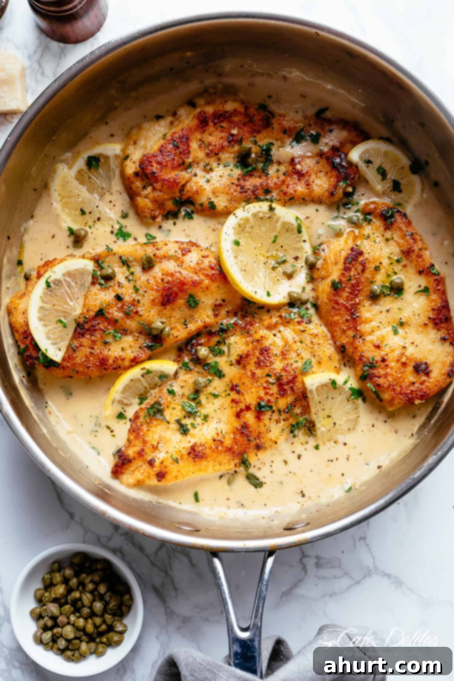 Velvety Lemon Parmesan Chicken 2 Delicious Creamy Lemon Parmesan Chicken Piccata served on a plate