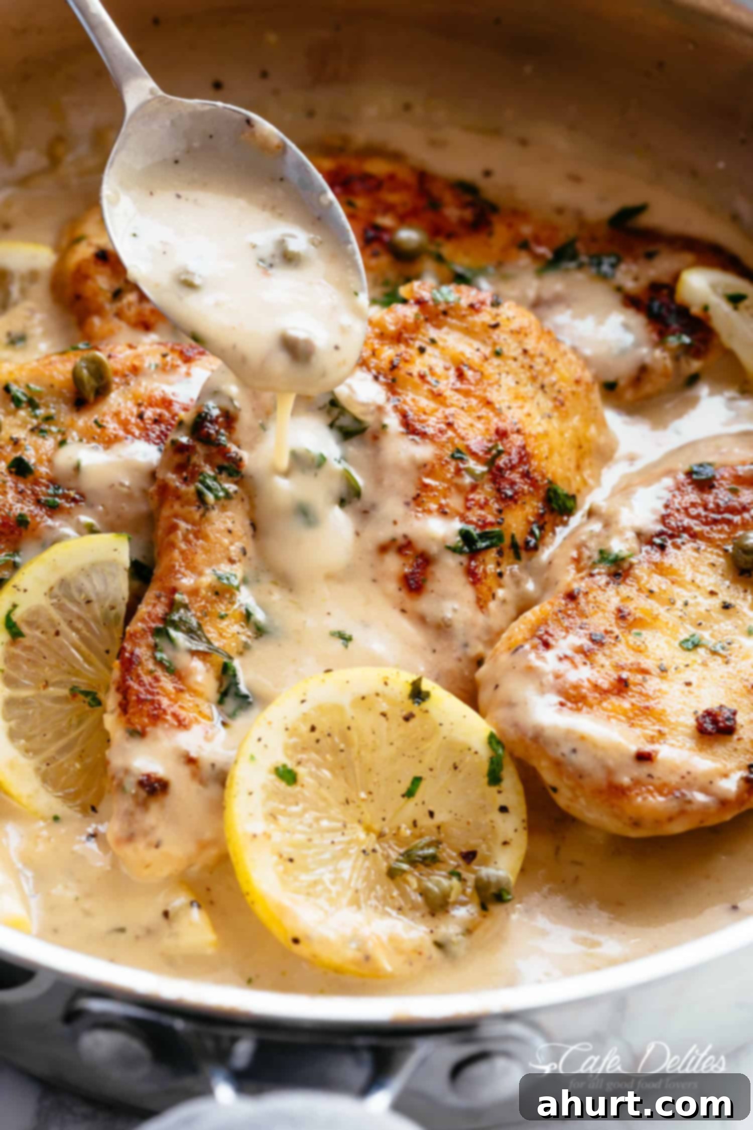 Velvety Lemon Parmesan Chicken 3 Creamy sauce being poured over golden Parmesan Chicken